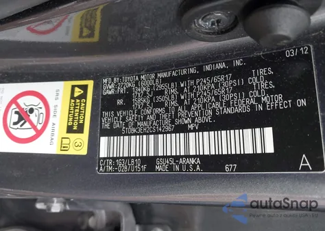 2012 Toyota Highlander Se V6 z USA, uszkodzony, nr VIN 5TDBK3EH2CS142967